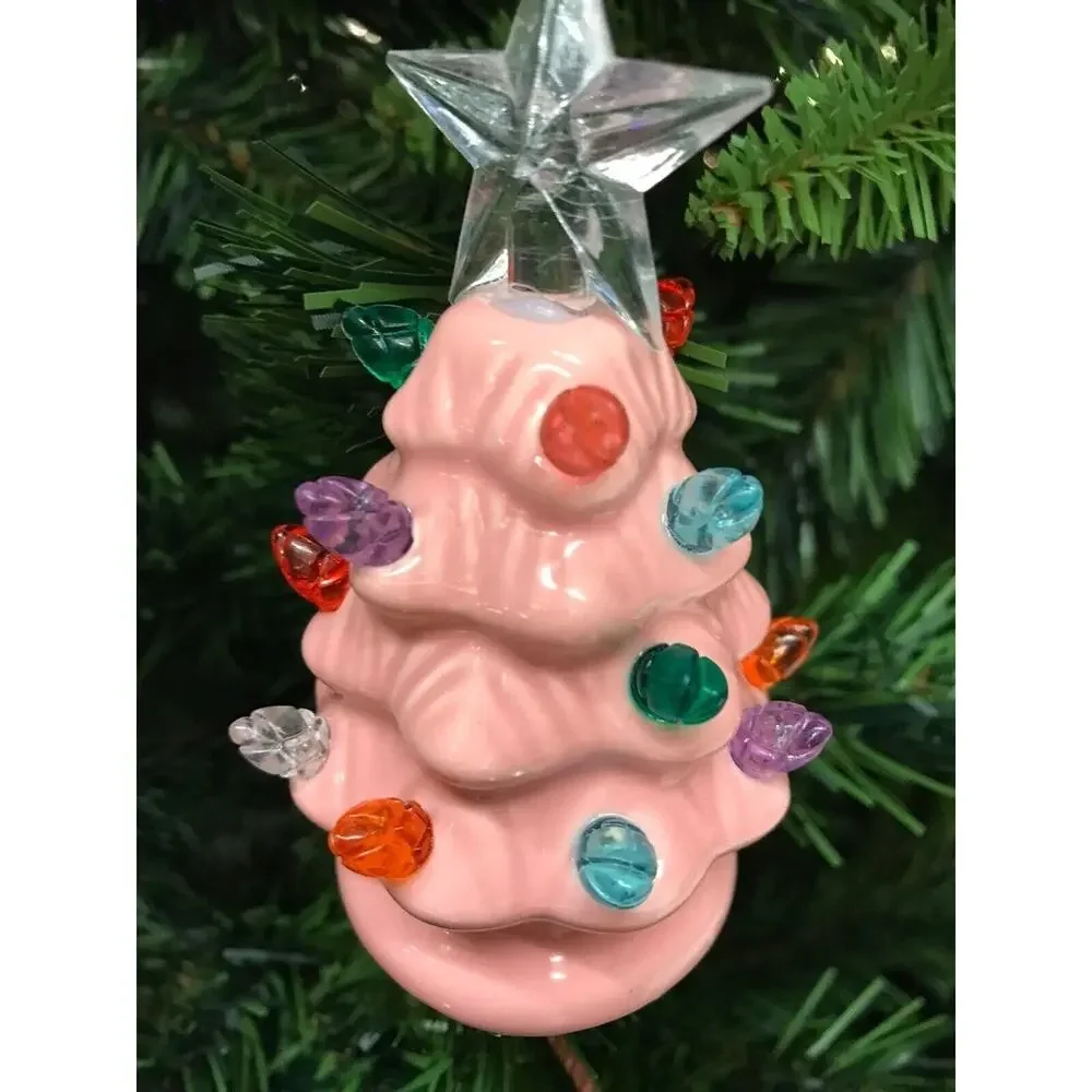 Pink Christmas Tree LED Light Up Ornament‎ -Clear Star Topper Nostalgic
